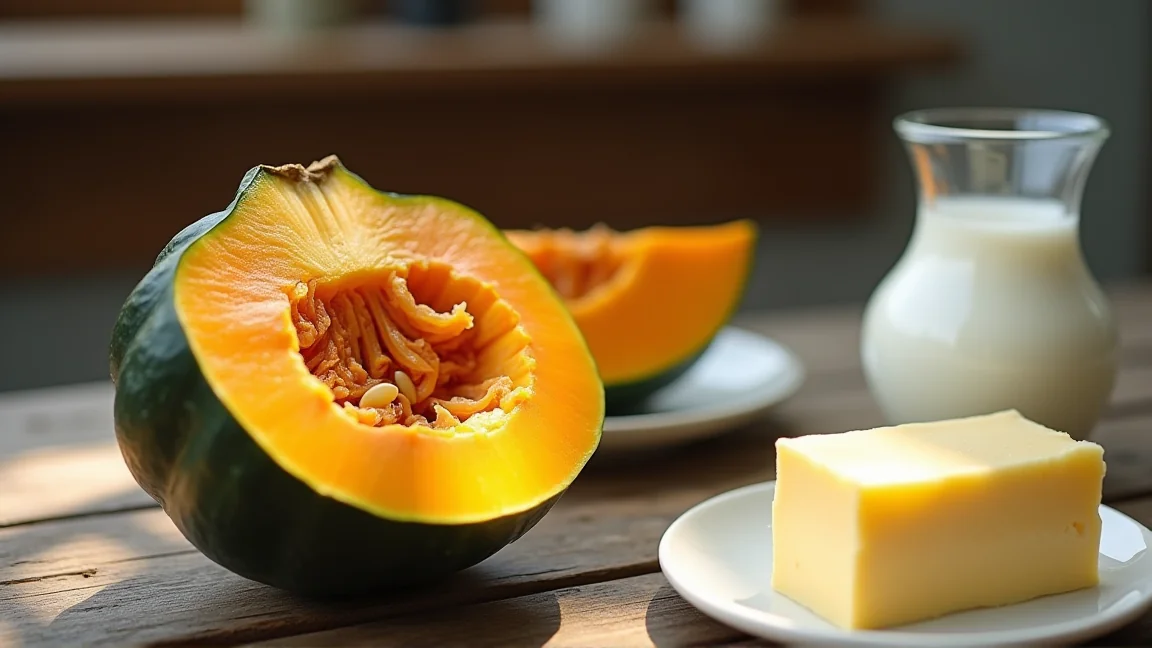4分の1に切ったかぼちゃと牛乳、バターを並べた木のテーブル