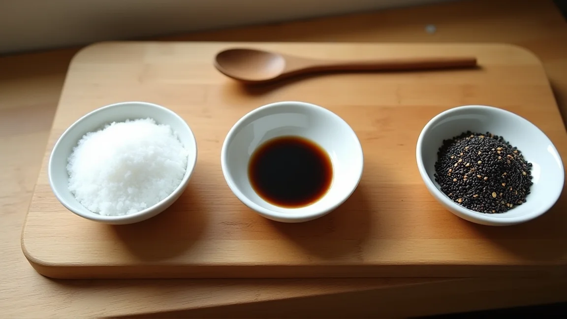 小皿に用意した砂糖・しょうゆ・黒いりごま