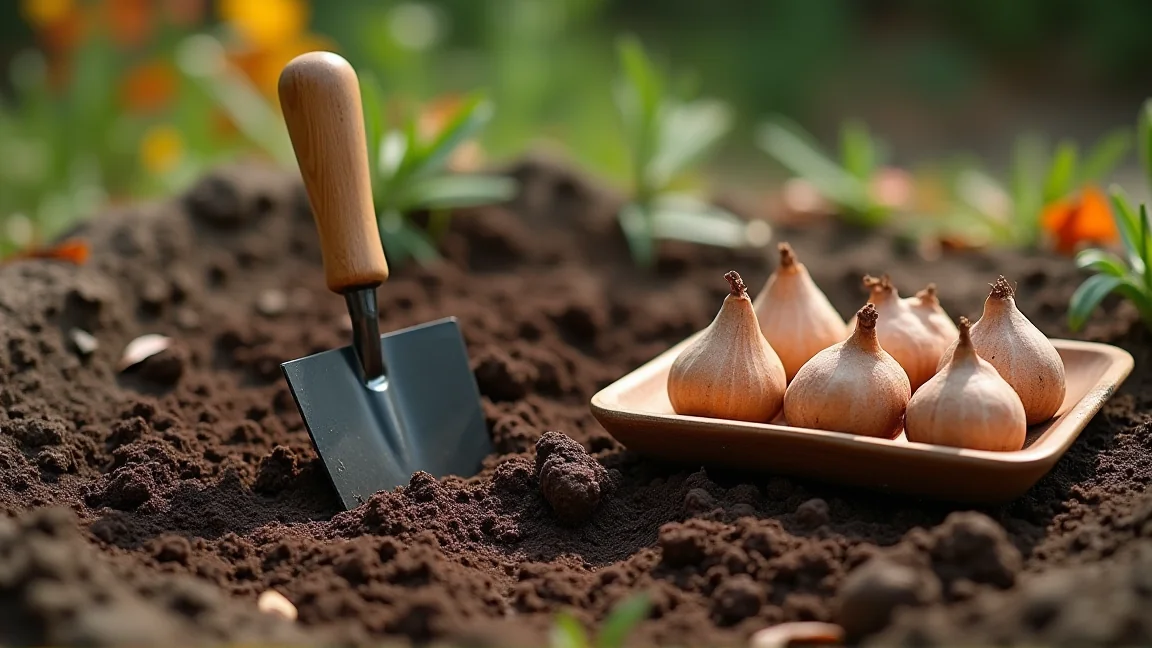 耕した花壇の土に立てた移植ごてと、木のトレーに入れた植える前のチューリップの球根