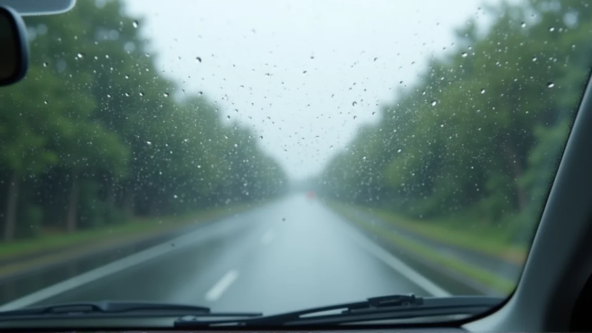雨の日の車内から見た、筋状の拭き残しが残るフロントガラス