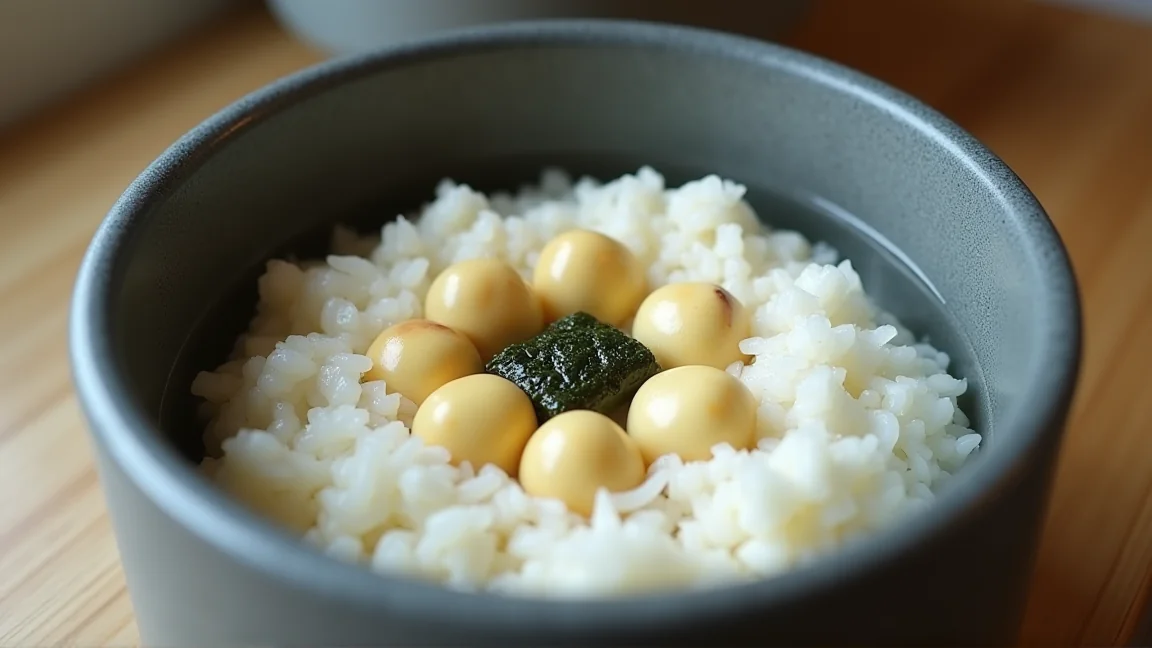 炊く前の内釜。米の上にむいた栗と昆布をのせたところ