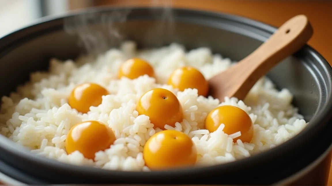 炊き上がった栗ご飯の釜に木のしゃもじを差したところ