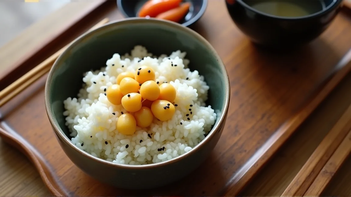 栗ご飯と味噌汁、漬物を並べた一膳