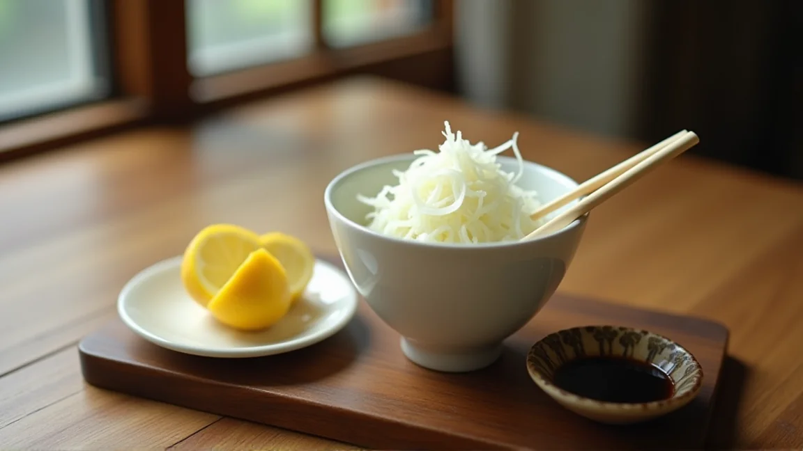 小鉢に盛った大根おろしと、くし切りのレモン、小皿のしょうゆ