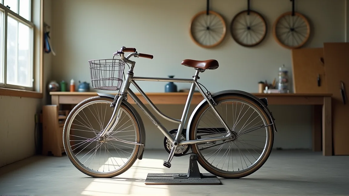 自転車店の作業スタンドに載せたシティサイクルと、奥の作業台に並ぶ工具