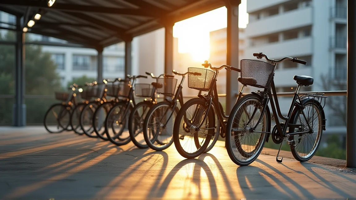 夕方の光が差し込む自転車置き場に並んだシティサイクル