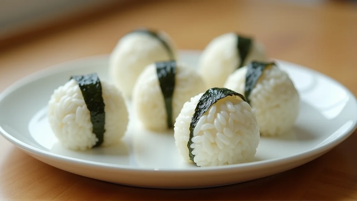 細い帯状の海苔を巻いた小さな丸いおにぎり
