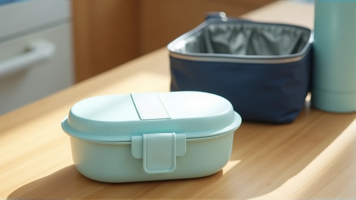 蓋を閉めた弁当箱と保冷バッグ、水筒