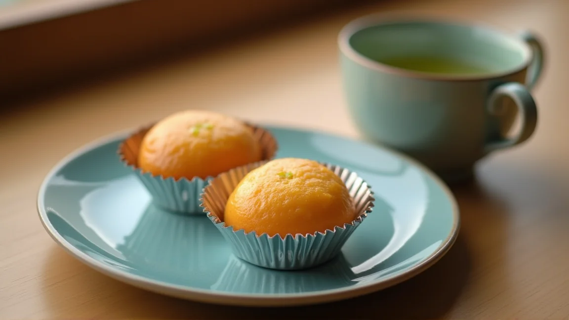 小皿にのせたスイートポテトと湯のみのお茶