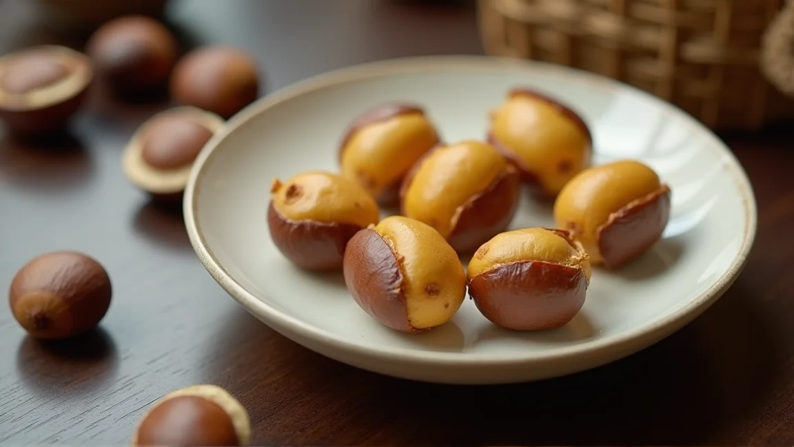殻をむいた焼き栗を盛った小皿