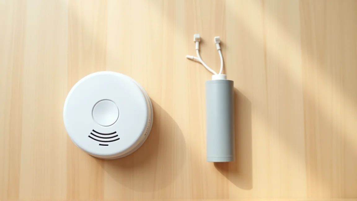 テーブルに置いた、取り外した白い警報器と交換用の電池