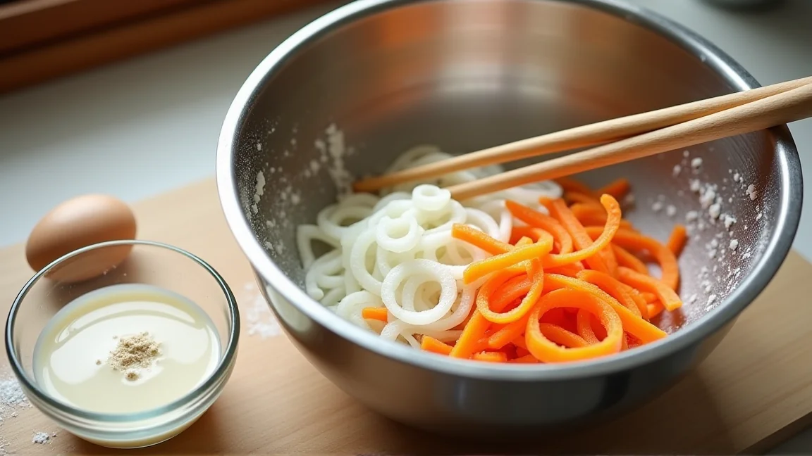 ボウルの中で小麦粉をまぶした細切りの玉ねぎとにんじん。横に衣の入った小さなボウルと菜箸