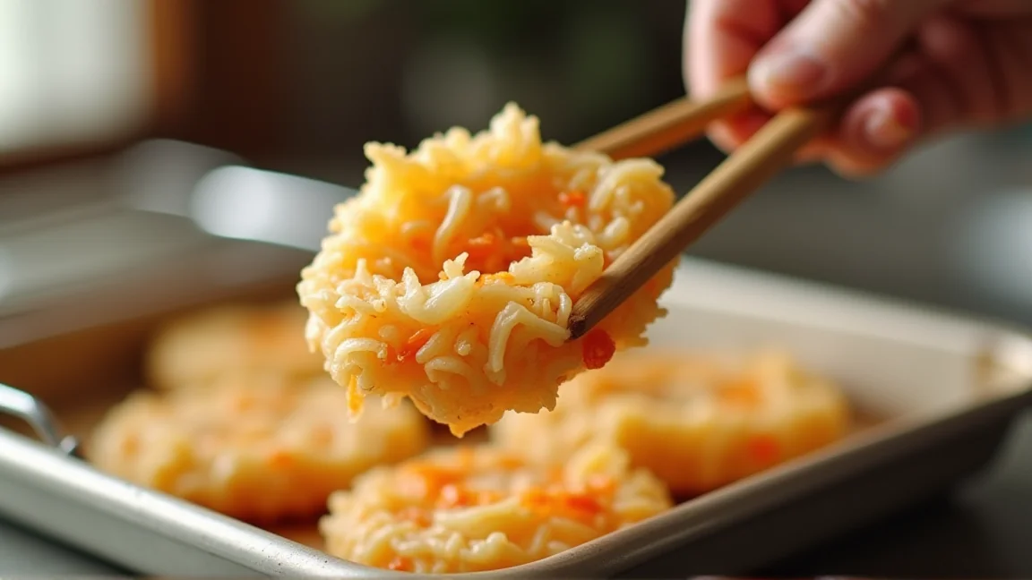 菜箸で持ち上げた、揚げたてのかき揚げ。奥に網をのせたバット