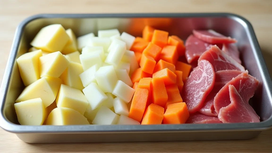 バットに並べた肉じゃがの材料。大きめに切ったじゃがいも、にんじん、玉ねぎ、薄切りの肉