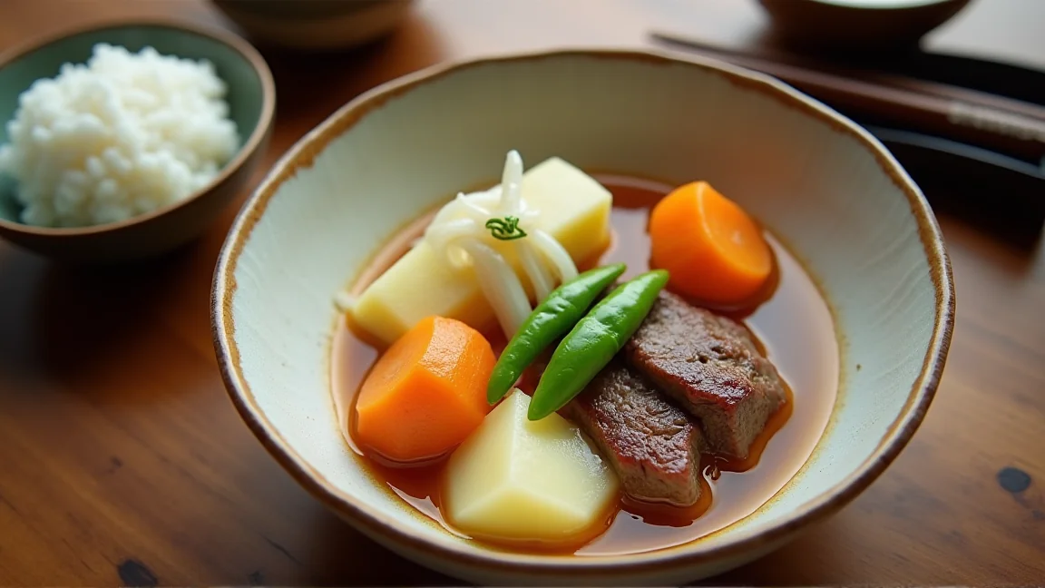 器に盛った肉じゃがと、ごはん、みそ汁を並べた食卓