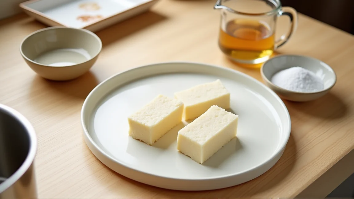 皿にのせた乾いた高野豆腐と、だし汁、小皿の砂糖と塩