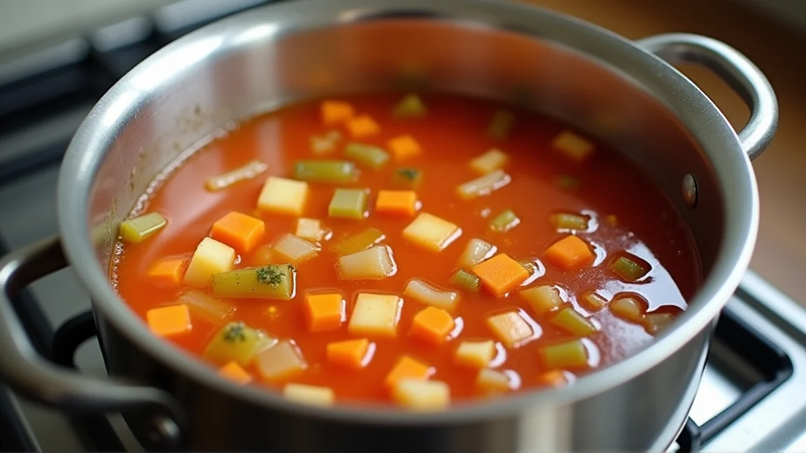 鍋で煮えているミネストローネ。赤いスープに小さな角切りの野菜が見えている