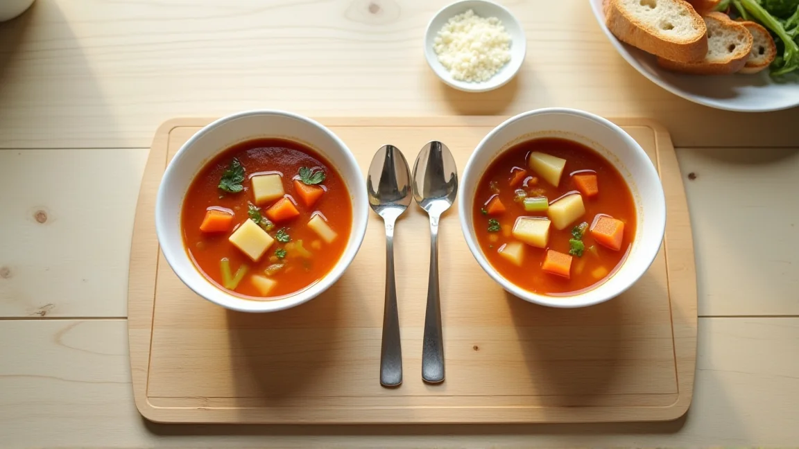 器に盛ったミネストローネと、切ったパンを並べた食卓