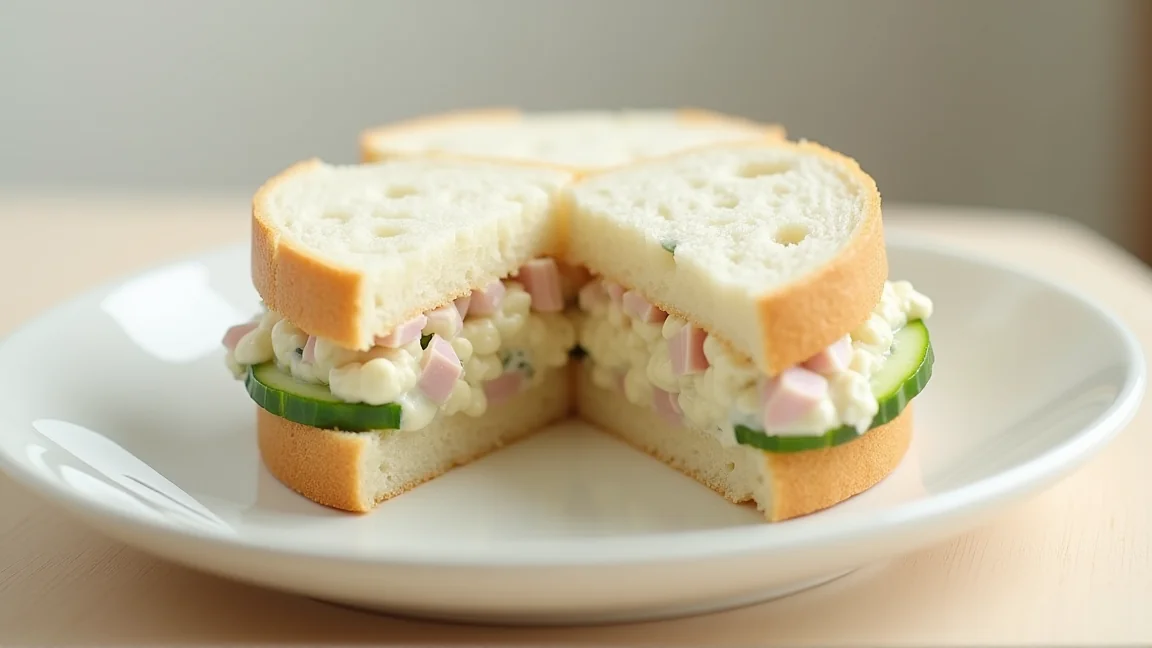 ポテトサラダをはさんで半分に切ったサンドイッチ