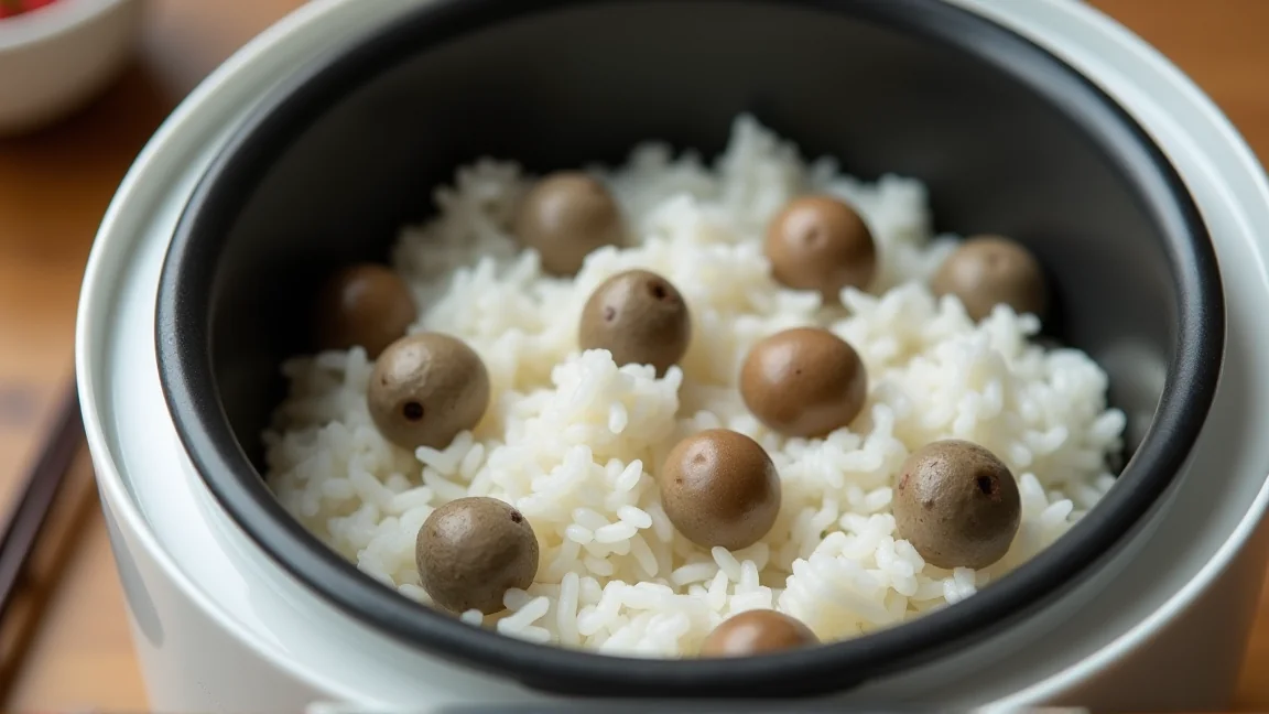 炊飯器の内釜の中の、炊き上がったむかごご飯