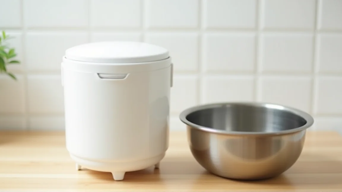 ふたを閉じた白い炊飯器と、その横に置いた内釜