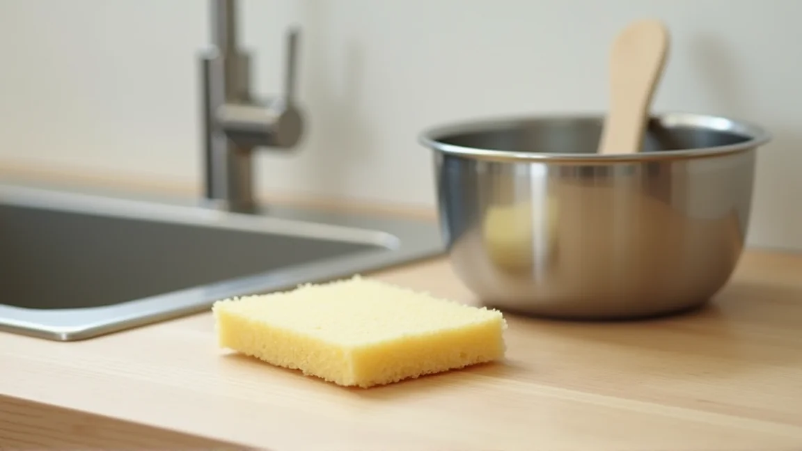 やわらかいスポンジと木のしゃもじ、その奥に置いた内釜