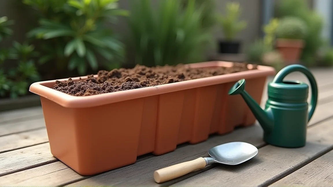 培養土を入れたプランターと、そばに置いた移植ごてとじょうろ