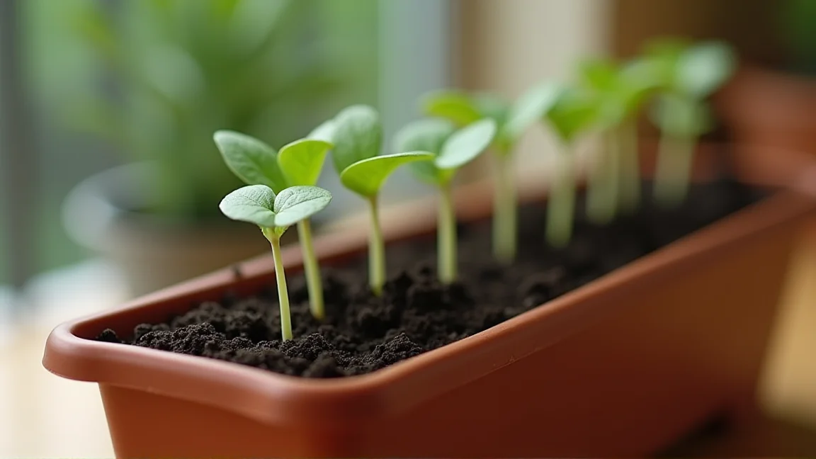 小さな緑の芽が列になって出そろったプランター