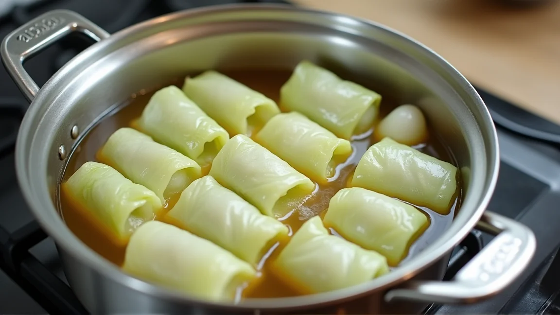鍋に隙間なく並べ、コンソメの煮汁を注いだロールキャベツ（落とし蓋をのせる前）