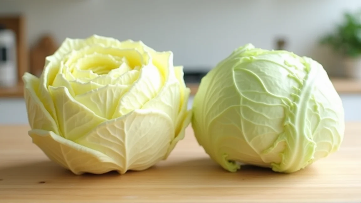 並べて置いた春キャベツ（左）と冬キャベツ（右）