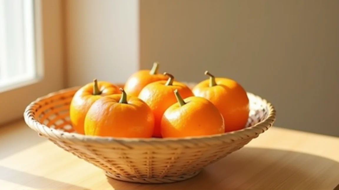 浅い竹かごに入った6個のみかん