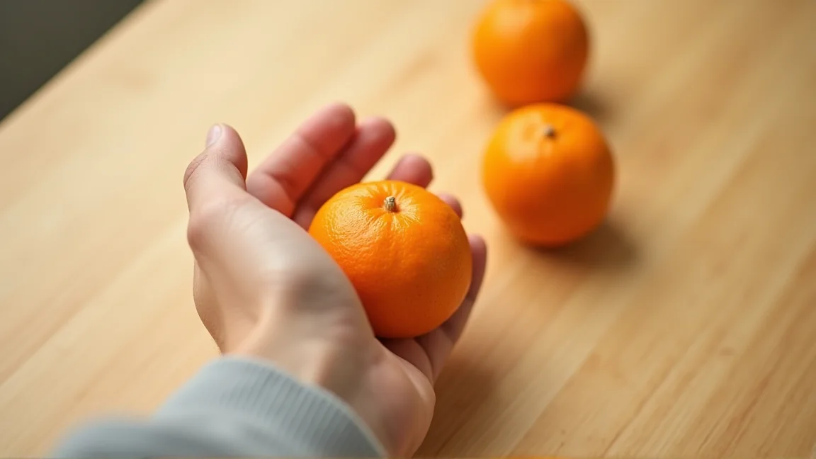 机の上のみかんを、手のひらで軽く押さえる