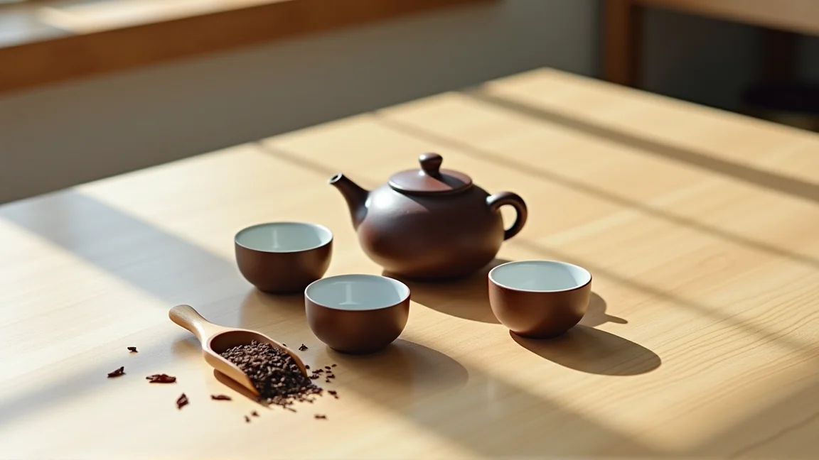 急須と、空の湯のみ2つ。木の茶さじにほうじ茶の茶葉をのせたところ
