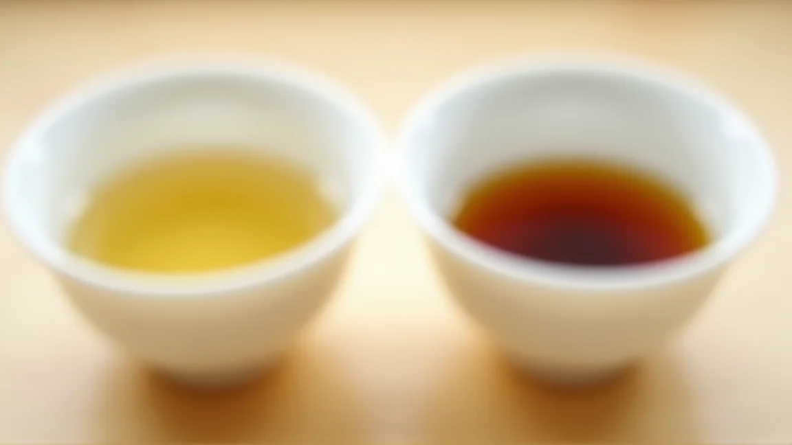 色が薄いほうじ茶と、濃く出すぎたほうじ茶を並べた2つの湯のみ