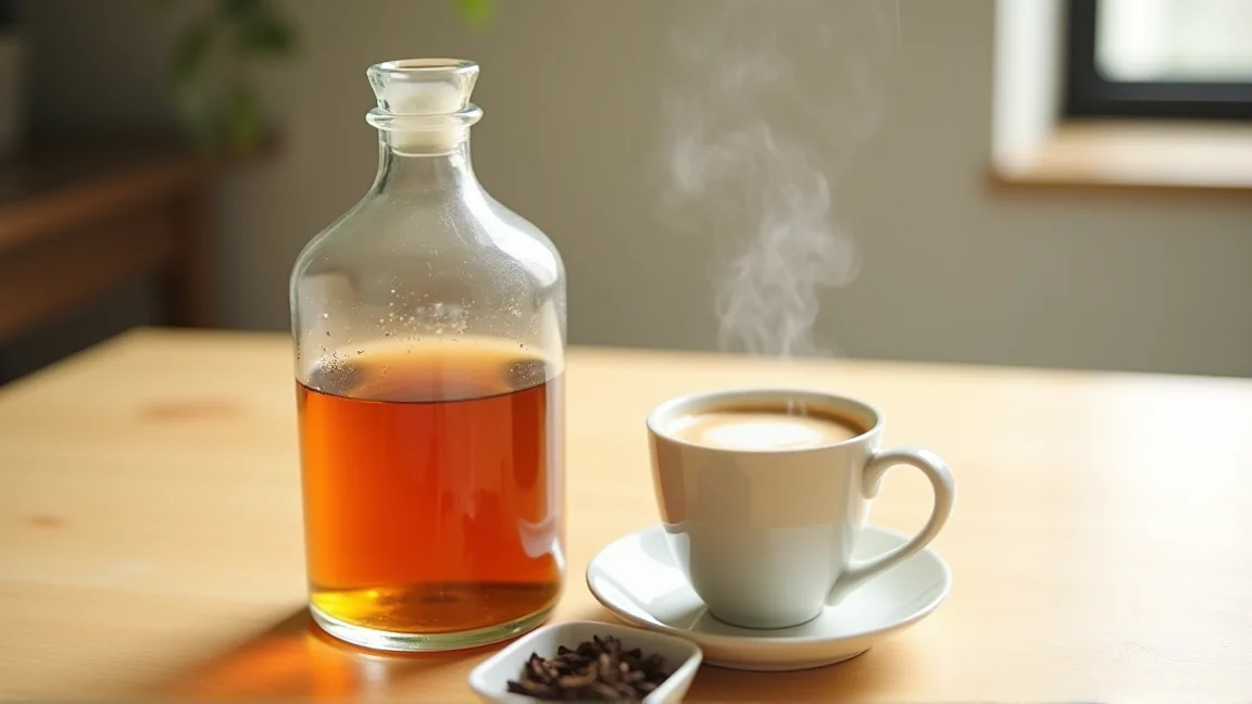 ガラスのボトルに入れた水出しのほうじ茶と、マグカップのほうじ茶ラテ