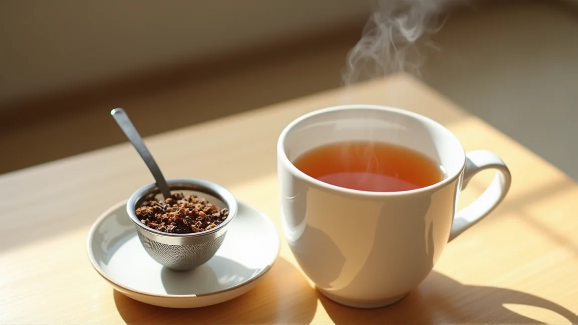 白いマグカップに淹れたほうじ茶と、茶葉の入った茶こし