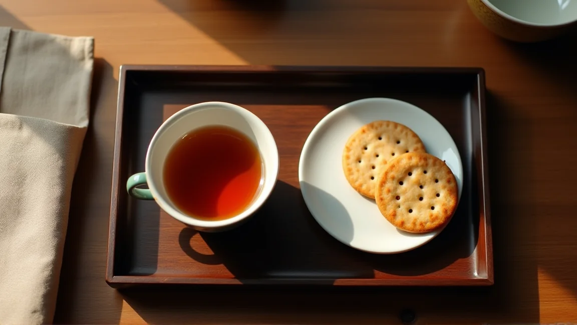 お盆にのせた、ほうじ茶の湯のみとせんべい