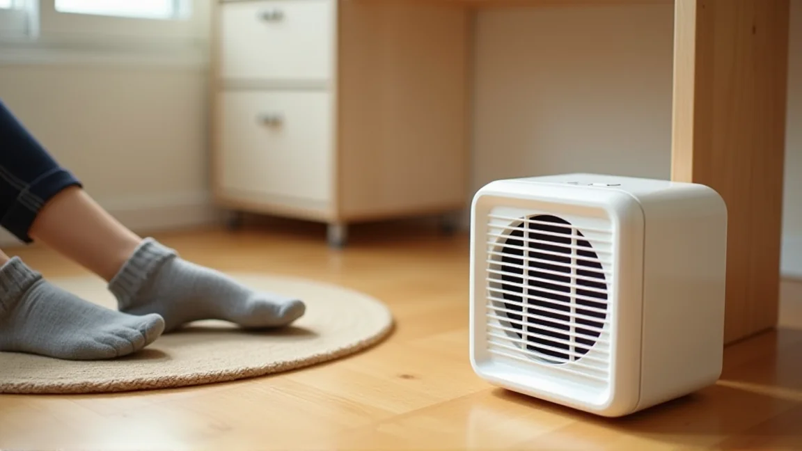 机の下に置き、足元に向けたセラミックヒーター