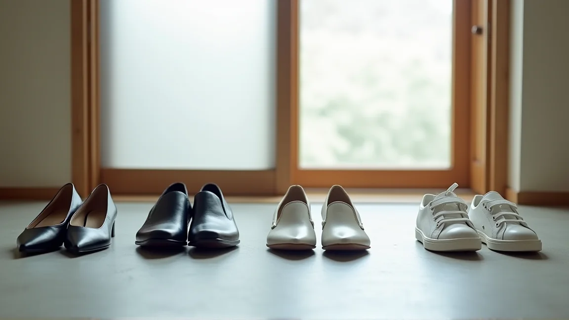 玄関にそろえて置いた黒いパンプスと黒い革靴、子どもの白い運動靴