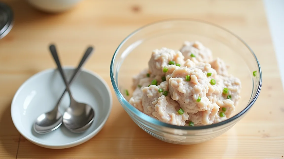 混ぜ終えた鶏団子の生地（ねぎ入り）と、水でぬらしたスプーン2本