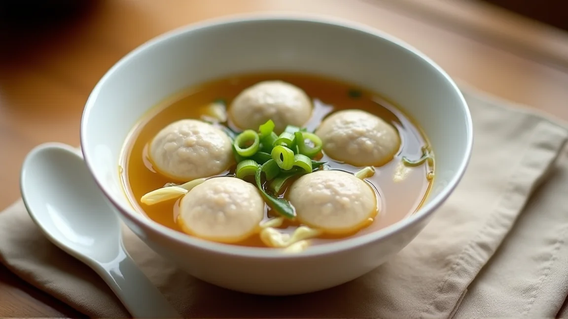 器に盛った、白菜とねぎ入りの鶏団子スープ