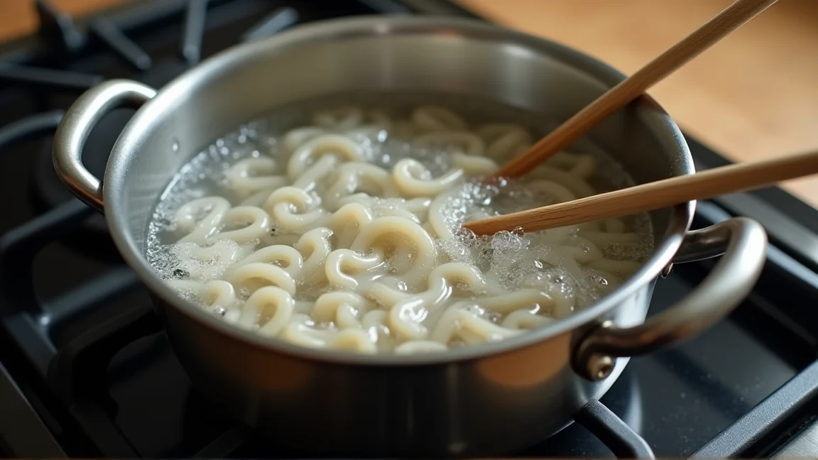 鍋の湯で下ゆでしている、切ったしらたき