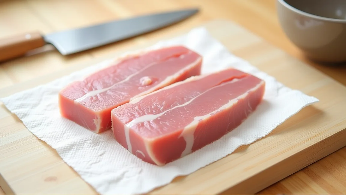 キッチンペーパーで水気をふき取った、とんかつ用の豚ロース肉2枚