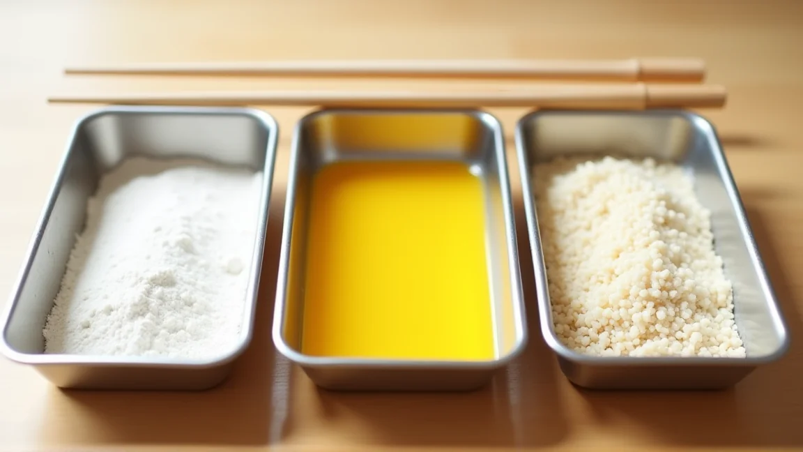 左から小麦粉、溶き卵、パン粉を入れたバット3つ