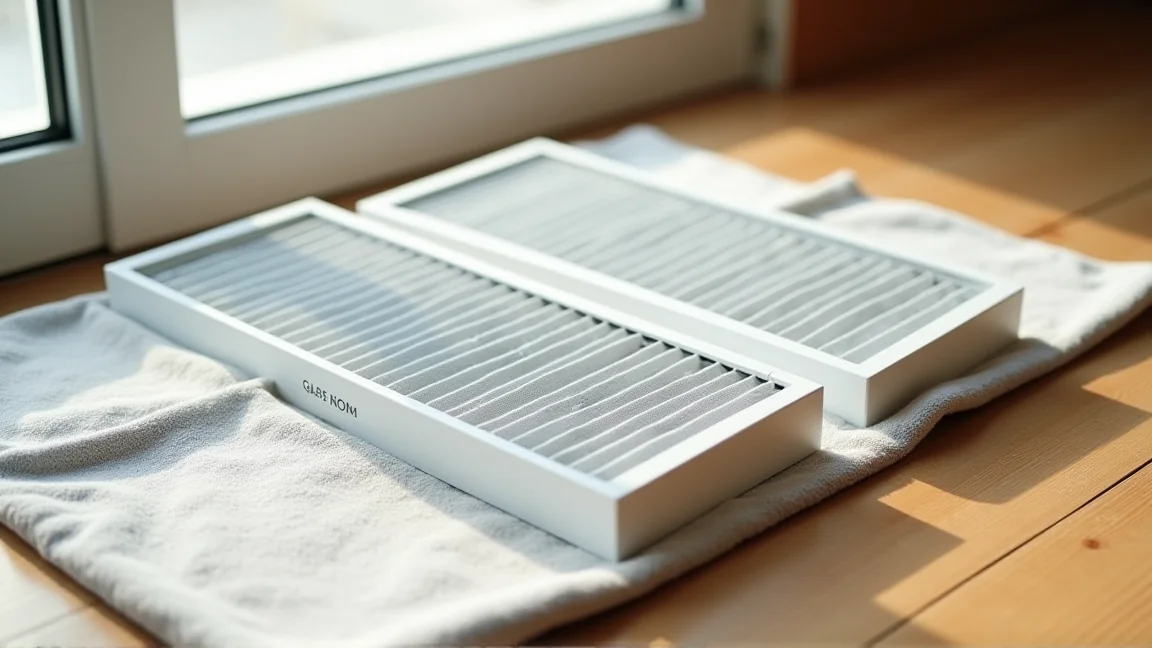外して日陰で乾かしている、細かい網目のエアコンのフィルター