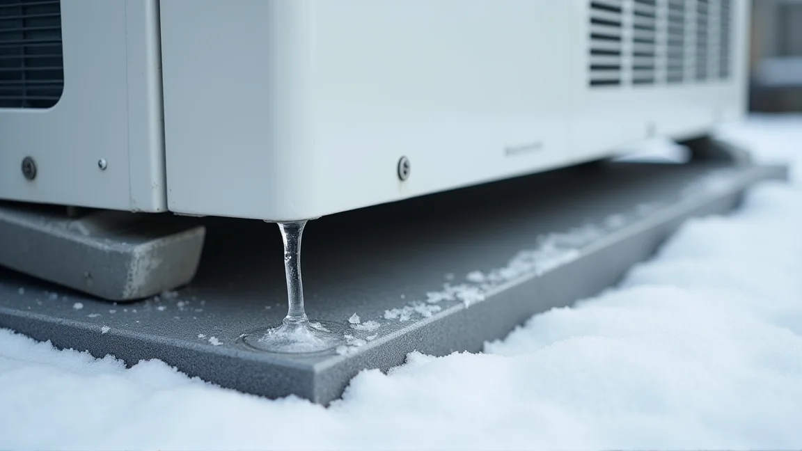室外機の下で、したたった水が薄い氷になっている様子