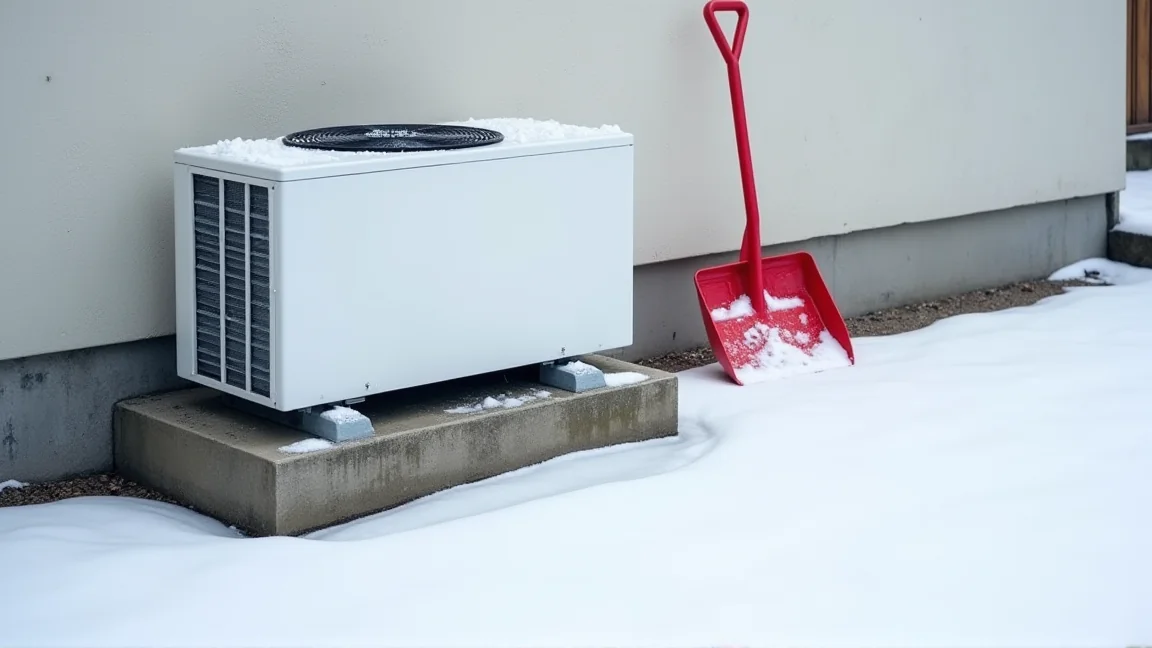 雪の日、前とうしろの雪がよけられた室外機