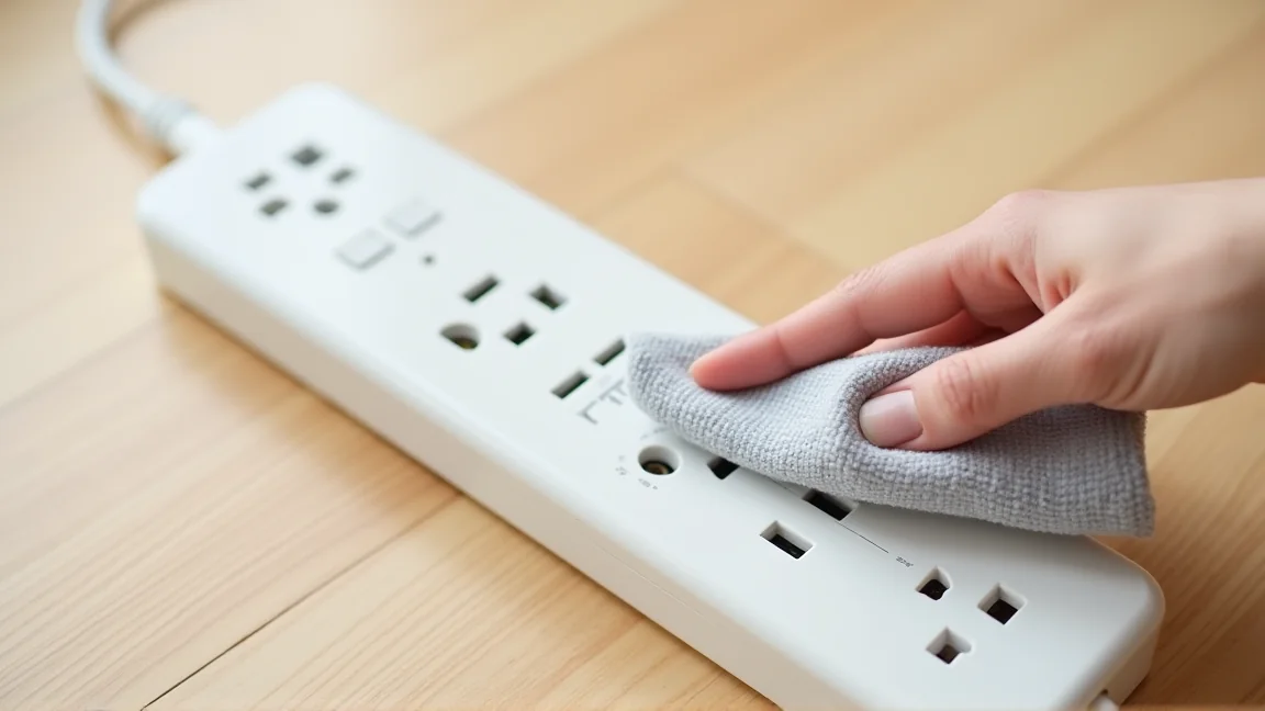 何も差していないテーブルタップの差し込み口を、乾いた布でから拭きしているところ