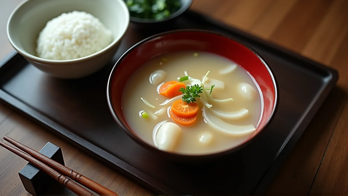 ごはんとおひたしを添えた、粕汁の晩ごはん