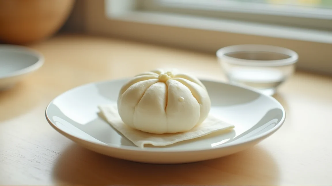 耐熱皿にのせた肉まんと、表面を湿らせるための小鉢の水